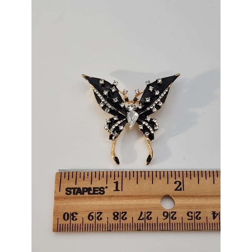 Vintage gold tone black enamel rhinestone BUTTERFLY insect‎ brooch pin